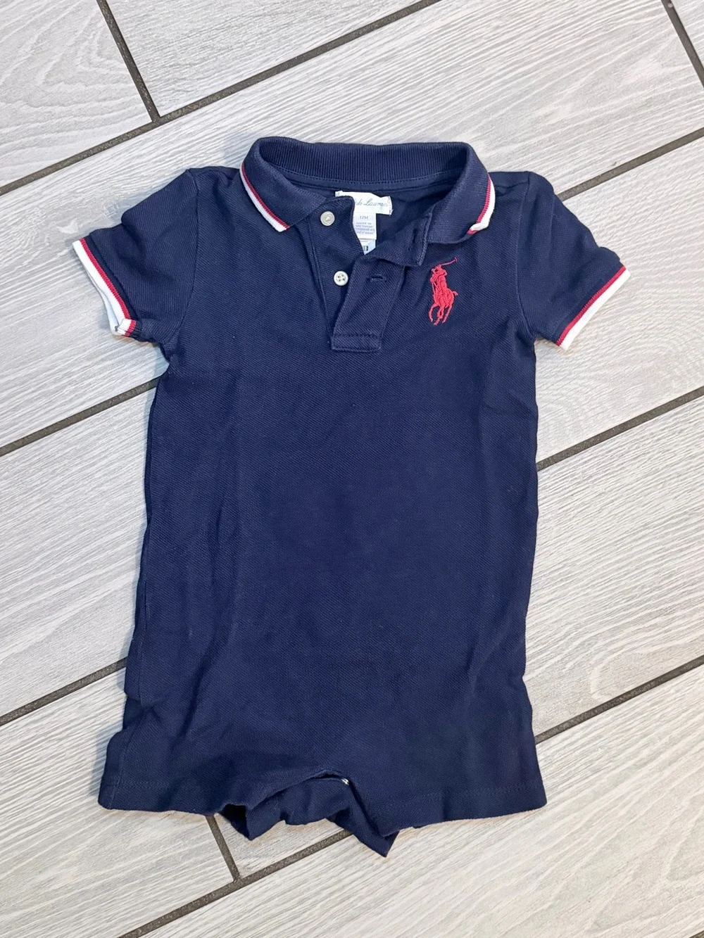 Ralph Lauren Navy Polo Shortall with Red Pony & White/Red Trim-12 months